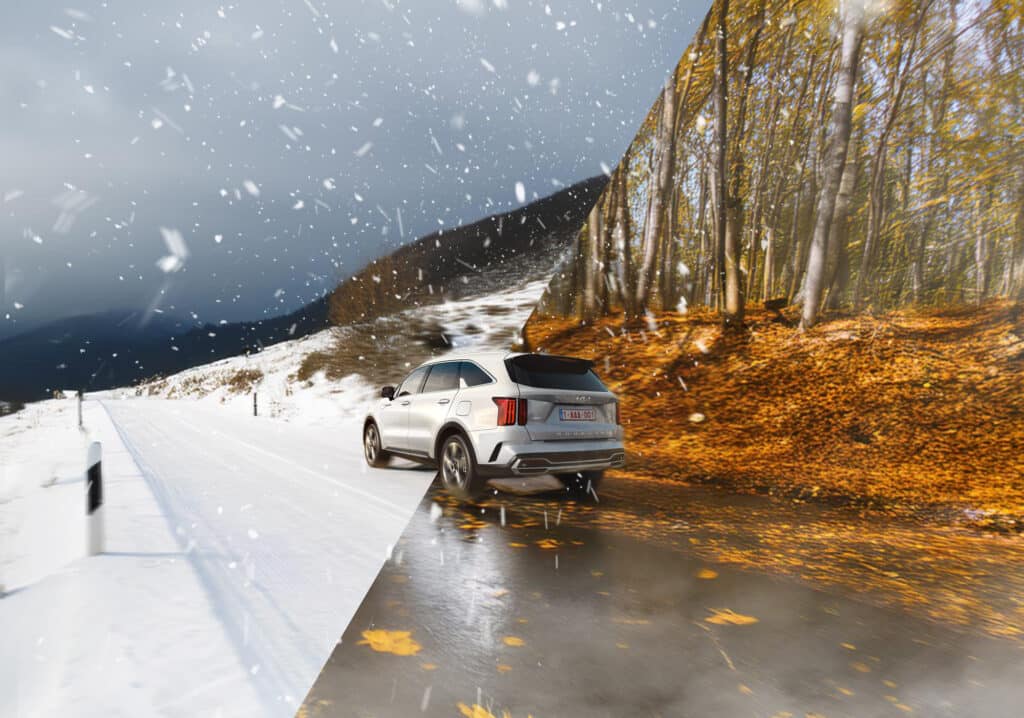 Kia équipée de pneus neige pour économie et protection des pneus été